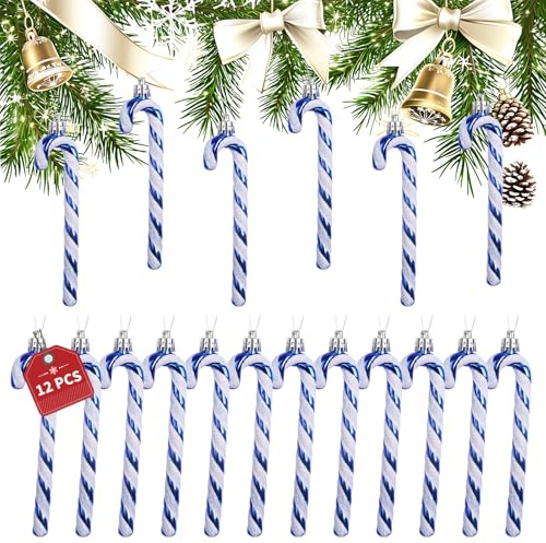 12 Pcs Blue Candy Cane Christmas Decorations for Tree- 13cm Xmas Tree Decorations,Small Plastic Xmas Candy Cane Striped Hanging Ornaments for Decor(12, Blue)