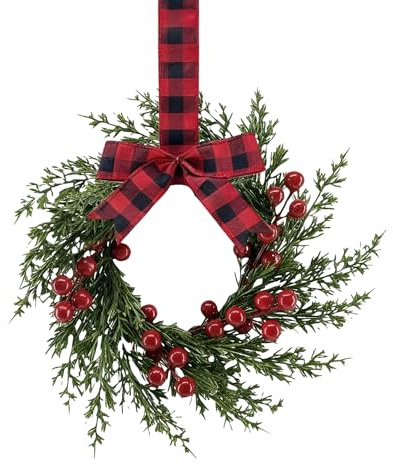 Weihnachtskranz, 26cm Weihnachten Deko Türkranz, Beerenkranz Mit Schleife Aus Naturrattan Und PP Schwarz Rot, Für Wand Fenster Kamine Partys Hochzeiten