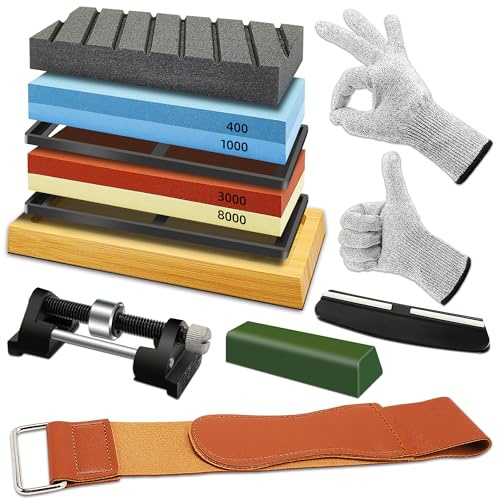 Knife Sharpening Stone Kit, 400/1000 & 3000/8000 Grit Whetstone Set with Bamboo Base, Angle Guide, Flattening Stone & Leather Strop
