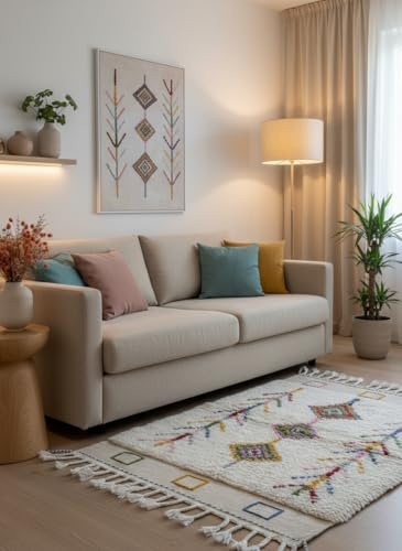 THE MOROCCAN VIBRATIONS Berberteppich Marokkanisch 100 x 150 cm – Handgefertigter Azilal Wollteppich – Boho Stil – Bunt & Weich – Für Wohnzimmer, Schlafzimmer, Flur oder Büro – Einzigartige Deko