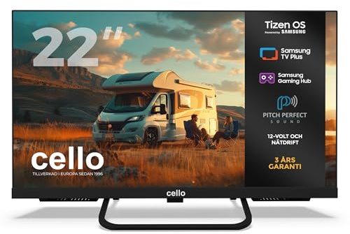 Cello CTRAV-22TZ Smart TV 22 12V per camper e barca, Tizen OS di Samsung, ricevitore satellitare integrato, Gaming Hub, altoparlanti Pitch Perfect, Bluetooth, triplo sintonizzatore