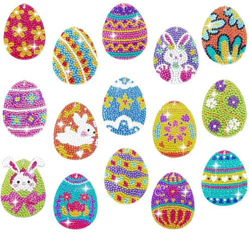 Guidre Juego de 15 llaveros de huevo de Pascua con pintura de diamantes, decoración de doble cara, llaveros hechos a mano de Pascua para decoraciones de Pascua, regalo creativo (A)