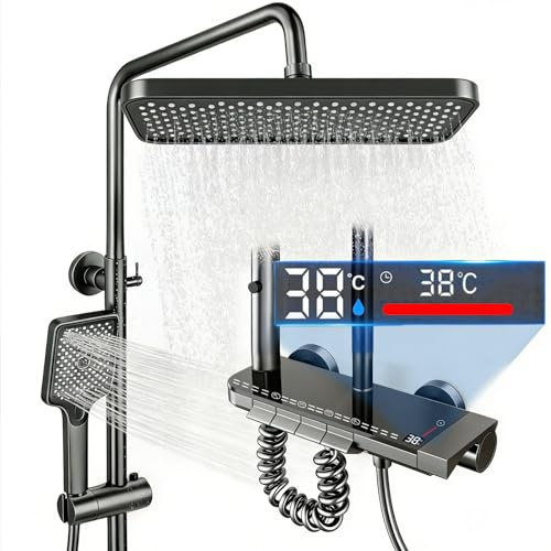 AILRINNI Columna Ducha - 4 Modos, Altura Regulable, Columna de Ducha con Grifo Termostático, Duchas de Baño con LED Pantalla Digital, Incluye una Boquilla Rociadora de Mano de 3 Funciones