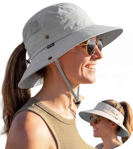 Creekstone 2-in-1 Sonnenhut für Damen, Visor Hut, Breite Krempe Fischerhut, LSF 50+, Pferdeschwanz-freundlich, Faltbar, Wandern Outdoor