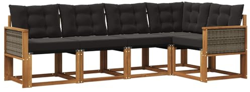 vidaXL Outdoor-Sofagarnitur mit Kissen 5 pcs Natürlich und Schwarz, Moderne Garten-Sofaset, wetterfestes Möbel, Bequeme Liege, stilvolles Outdoor-Sitzen für Entspannung