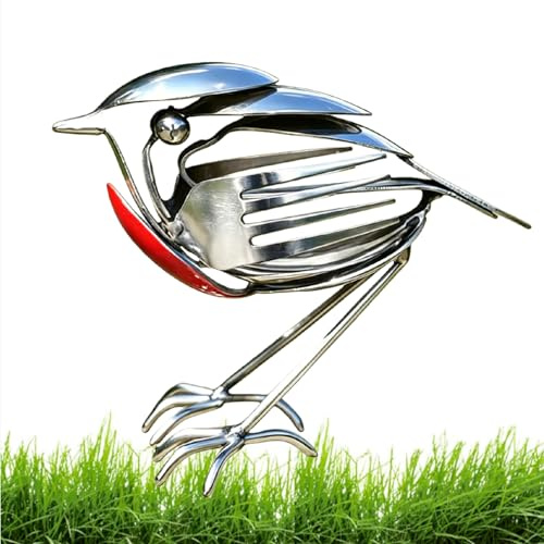 Robin Bird Scrap Metal Art Sculpture, Handcrafted Stainless Steel Robin Statue Made from Fork & Spoon, Unique Recycled Cutlery Art Decor for Garden, Patio, Home or Office, Gift for Bird Lovers (1PACK)