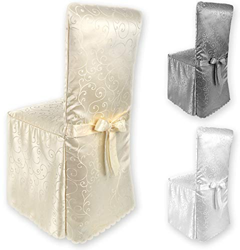 Gräfenstayn®Stuhlhusse Sofia mit Schleife, im Jacquard Muster runde und eckige Stuhllehnen Universal-Passform (Creme)