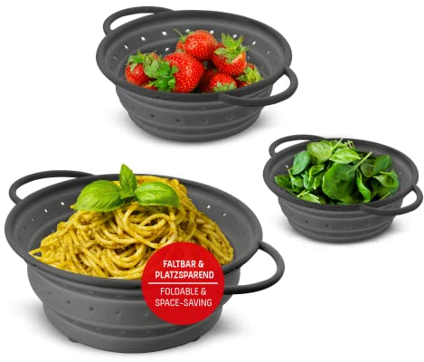 Coolinato – Set de 3 passoires silicone pliable 16/20 / 24 cm gris – Passette pour la cuisine compatible au lave-vaisselle, sans BPA, & résistante à la chaleur - Rabattable & peu encombrante