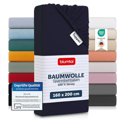 Blumtal® Basics Spannbettlaken 160x200cm Topper Jersey im 2er Set - Bettlaken 160x200cm aus 100% Baumwolle - Oeko-TEX zertifiziertes Spannbettlaken Topper 160x200cm - Dark Ocean Blue - Blau
