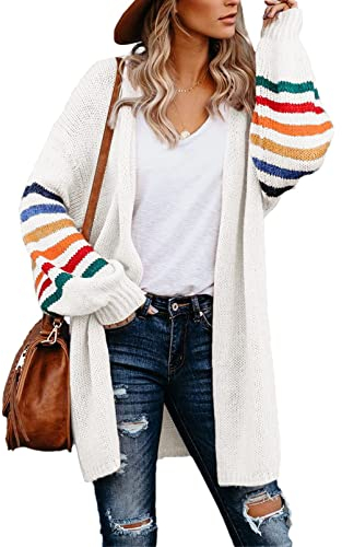 AlvaQ Women's Cardigans Long Sleeve Open Front Rainbow Striped Color Block Loose Casual Womens Oversized Cardigan Ladies Long Lightweight Knit Outwear Coat Jacket Sweaters White 2XL UK 20 22
