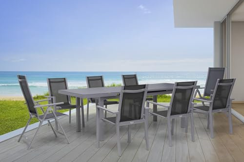 OUTFLEXX Sitzgruppe, Silber/grau, Alu/Textilene, Ausziehtisch 180/240x100cm, 6 Stapel-, 2 Multipositionssessel