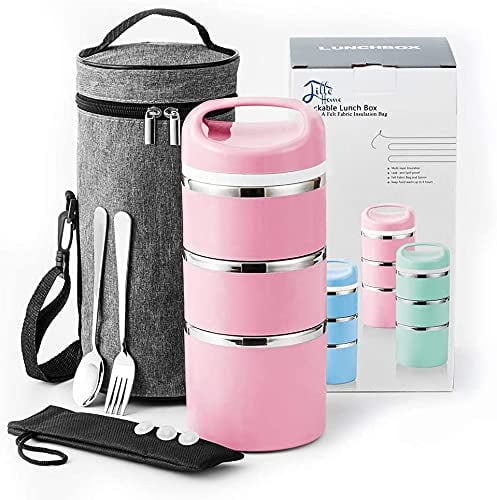 Lille Home Boîte à déjeuner/collation isotherme empilable en acier inoxydable à 3 niveaux avec sac à déjeuner, et 3 joints supplémentaires, 1,38 l, rose