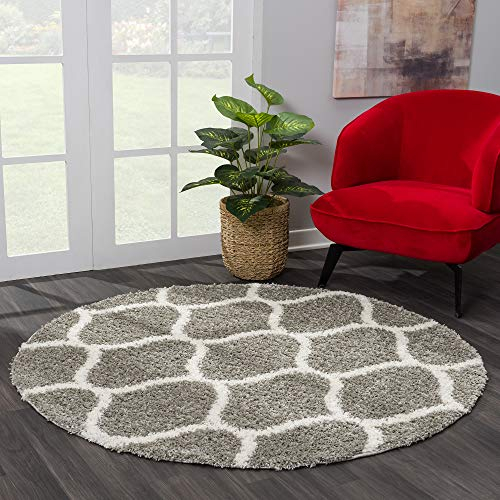 SANAT Madrid Shaggy Teppich Rund - Hochflor Teppiche für Wohnzimmer, Schlafzimmer, Küche - Morocco Grau, Größe: 200 cm