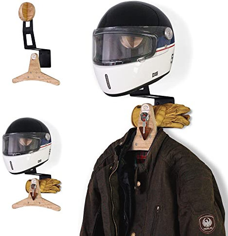 Motorcycle Helmet Holder, Motorcycle Gear Rack Organizer, Motorbike Accessory Storage, Jacket Hanger & Helmet Mount Stand Holder, Wood & Metal, All-in-one solution for your gear, Metal in Black