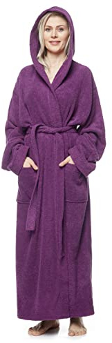 Arus Damenbademantel mit Kapuze, knöchellang, Baumwolle, XL-XXL Lang, Pflaume
