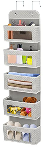 Over The Door Organizer Hanging Storage Bag with 5 Clear Window Pocket Organiser Closet Wardrobe Storage Organizer for Clothes, Lingerie, Toys, Cosmetics, Toiletries, Handbags and More Accessories