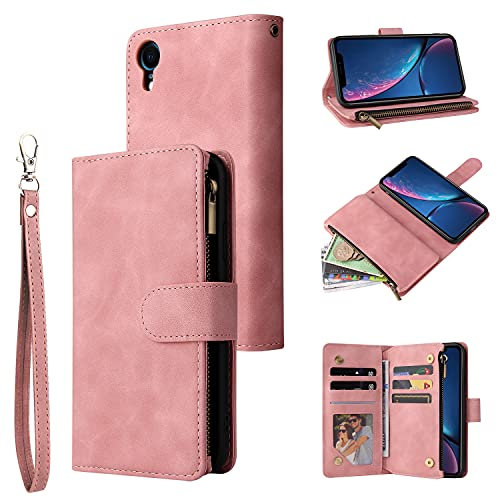 UEEBAI Wallet Case for iPhone XR, Premium Vintage PU Leather Magnetic Closure Handbag Zipper Pocket Case Kickstand Card Holder Slots Wrist Strap TPU Shockproof Flip Cover for iPhone XR -Pink