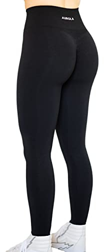 AUROLA Workout Leggings for Women Seamless Scrunch Tights Tummy Control Gym Fitness Girl Sport Active Yoga Pants-25'' (M, Black)