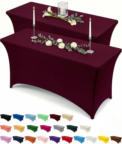 Utopia Kitchen Spandex Tablecloth 2 Pack [6FT, Burgundy] Tight, Fitted, Washable and Wrinkle Resistant Stretch Rectangular Patio Table Cover for Event, Wedding, Banquet & Parties [72Lx30Wx30H Inch]