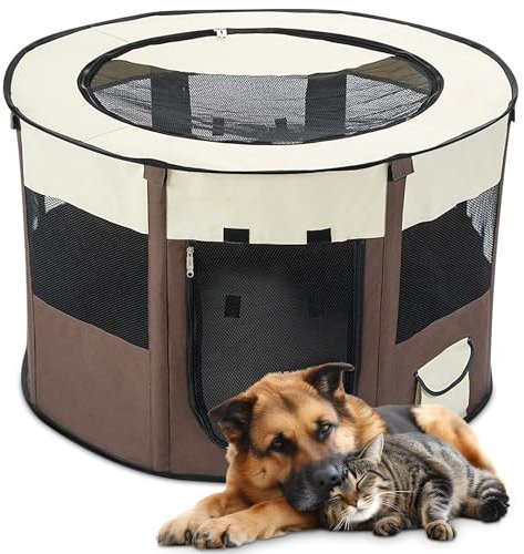 ALLSOPETS Welpenauslauf Faltbarer Laufstall Hund Katze, Tragbarer Welpenlaufstall Hundebox Freigehege mit Tragetasche für Innen, Außen, Reisen und Camping (Braun, L)