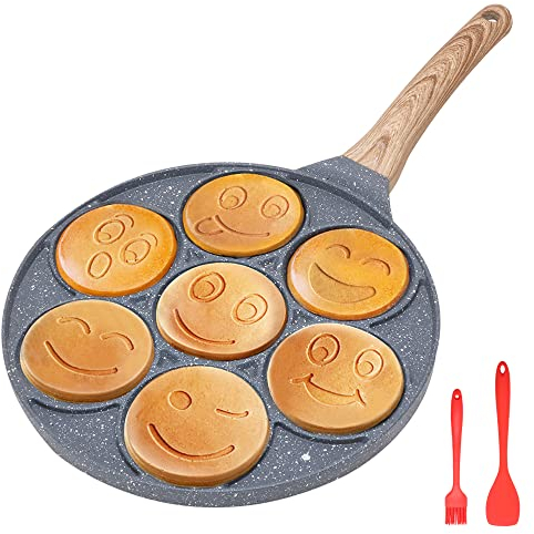 Bobikuke Pancake Pfanne Induktion, Antihaft Pancake Maker 7 Löcher mit Smiley-Gesichtern Spiegelei-Pfanne, zum Kinderfrühstück, 26 cm - Schwarz