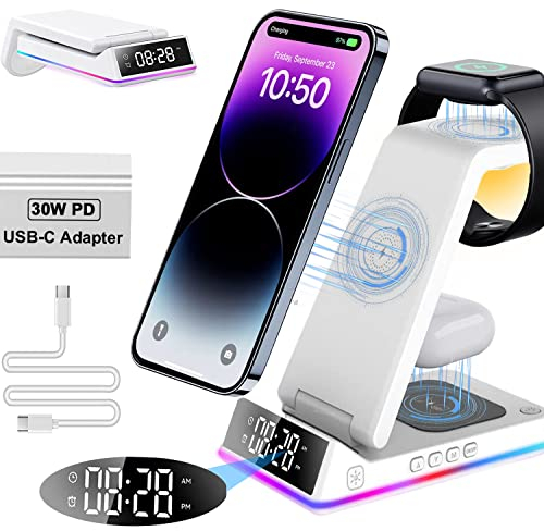 Wireless Charging Station, 3 in 1 Foldable Wireless Charger with 30W PD Adapter, [Alarm/Clock/Night Light] 15W Wireless Charger Stand Dock for iPhone 17/16/15/14/13,Samsung,Airpods,iWatch Series,White