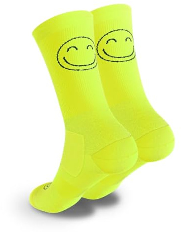 HappyTraining Calzini sportivi, traspiranti, termoregolatori, tallone e punta rinforzati, perfetti per corsa, crossfit, ciclismo, Giallo FLUO, 42-46