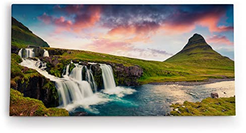 Paul Sinus Wandbild 120x60cm Island Kirkjufellsfoss Landschaft Berge Grün Wasserfall