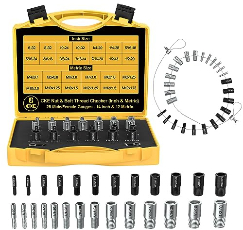 [Patent]CKE Upgraded Stainless Steel Nut & Bolt Thread Checker (Inch & Metric) Detachable Wire Loop Design, 26 Male/Female Gauges - 14 Inch&12 Metric Nut and Bolt Thread Size Checker Identifier Gauges