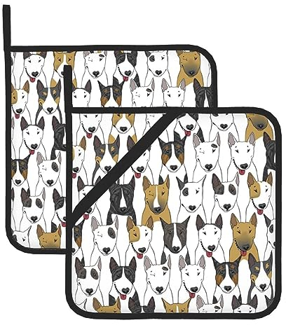 Lustige Hunde Bullterrier Topflappen 2er Set rutschfeste Hot Pads Hitzebeständig Küche Topflappen für Frauen Männer Kochen Backen BBQ Grillen