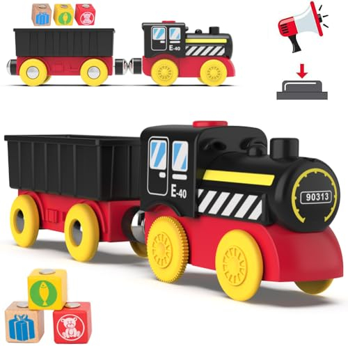 TOPLIVING Magnetische Holzeisenbahn Set Batteriebetriebener Güterzug für Eisenbahnschienen Spielzeug für Kleinkinder 3 4 5 Jahre alt Jungen Mädchen (ohne Batterie)