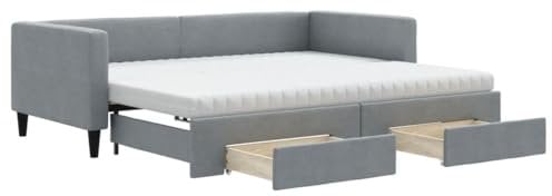 vidaXL Tagesbett, Ausziehbar Schlafsofa mit Schubladen Matratzen, Bettsofa Gästebett für Schlafzimmer Wohnzimmer, Sofa Bett Ausziehbett, Hellgrau 90x200 cm Stoff