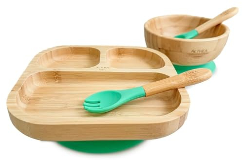 Althea Living - Vajilla de bambú para bebé, plato harvard rectángular y bol extra grande con ventosa, cuchara y tenedor de silicona - Verde aguamarina