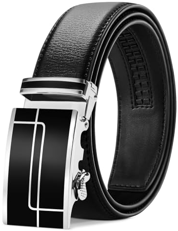 LAKIDAY Gürtel Herren, Schwarz Ratsche Automatikschließe Gürtel für Herren Business Anzug, Ledergürtel, 35mm Gürtel, Größe Einstellbar 4-Schwarz-115