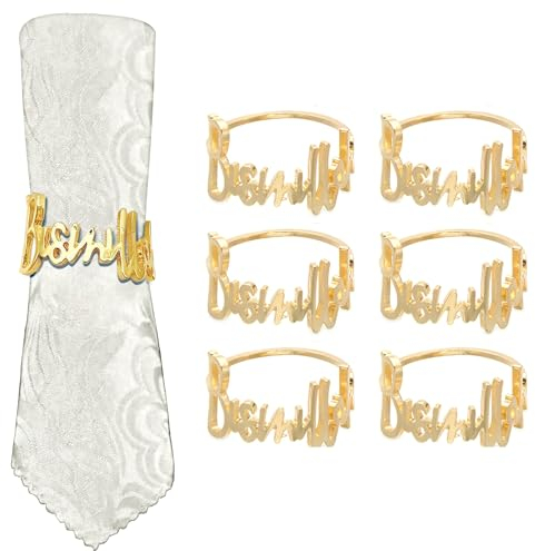 Bismillah Serviettenringe Gold 6 Stück Letter Serviettenring Gold für Ramadan Dekoration, Ramadan Mubarak Deko, Serviettenhalter Tischdekoration für Hochzeit, Party, Bankett
