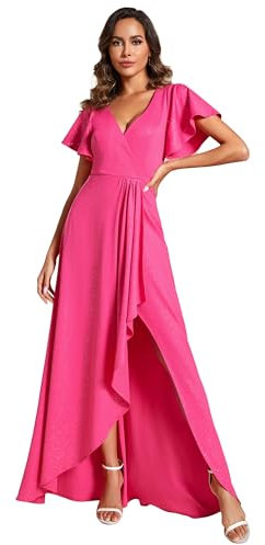 Ever-Pretty Robe Femme Chic et Elegant Col V Manches Courtes A Line Robe d'Invité de Mariage Rose Rouge 48