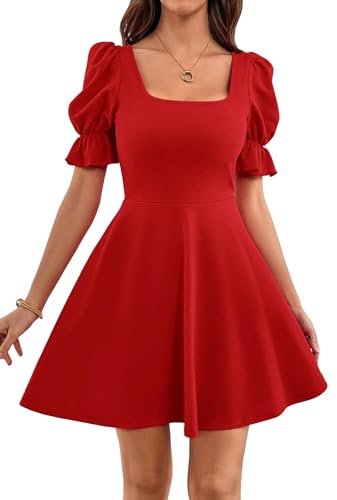 GORGLITTER Women's Summer Square Neck A Line Mini Dress Puff Sleeve Plain Elegant Casual Skater Dresses Red L