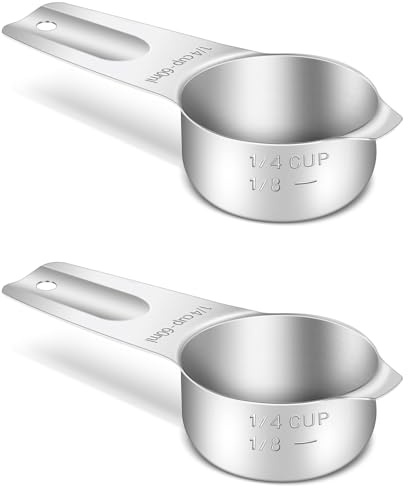 BERYLER® Paquete de 2 tazas medidoras de 1/4 taza (4 cucharadas | 60 ml | 60 cc | 2 onzas) tazas medidoras de acero inoxidable, taza medidora de metal, prácticos utensilios de cocina para cocinar