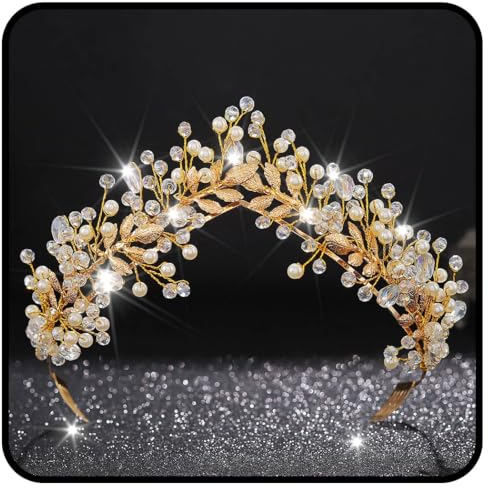 Handcess Hochzeit Tiara Kronen Gold Strass Kronen Stirnband Prinzessin Perle Kopfschmuck Braut Hochzeit Kopfbedeckung Tiara für Frauen und Mädchen