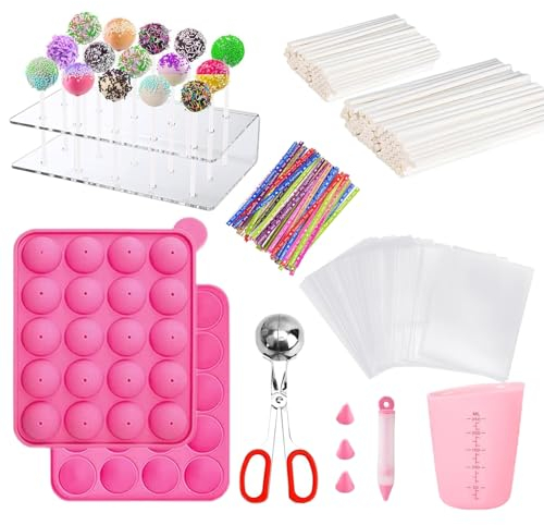 606Pcs Cake Pop Kit,Silicone Lollipop Molds Including Lollipop Sticks,Measuring Cup,Treat Bags,Twist Ties,Decorating Pen,Meat Baller with Handles,Round Mold,Lollipop, Candy,Display Stand Holder(Pink)