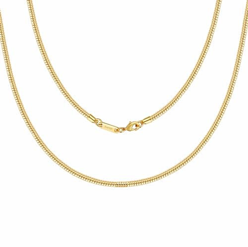 DJADEE Schlangenkette 24-Karat Gold vergoldet, wasserfest 1,2-3 mm breit, 40-80 cm lang, Hypoallergen Messing Halskette für Damen Herren Kinder, gestempelt (3 mm x 40 cm)