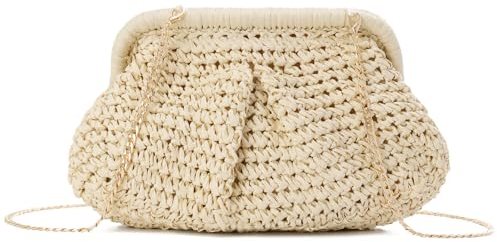 EVEOUT Pochette en Paille Tissée Femmes été Clutches Sac à Main Nuage Paille Tressée avec Bandoulière pour Parti Mariage Plage Vacances(Beige)