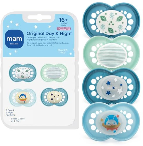 MAM Day & Night Pacifiers, Glow in The Dark Pacifier for Breastfed Babies, 16+ Months, Boy