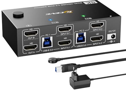KVM Switch 2 PC 2 Monitore 8K@60Hz 4K@144Hz,Dual Monitor HDMI2.1 KVM Switch für 2 PC Teilen 2 Monitors und 4 USB3.0-Geräte(3USB-A+USB-C), mit 12V DC Netzteil+verdrahtet Fernbedienung und 2 USB-Kabel
