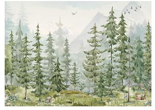 Fototapete Kinderzimmer Wald, Kindertapete Bäume, Vliesapete, Berge, Wald, Vögel, Fototapeten für Jungen und Mädchen