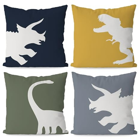 KEUSPI Cartoon-Dinosaurier-Dino-T-Rex-Kissenbezüge, 45,7 x 45,7 cm, 4er-Set, für Zuhause, Jungenzimmer, Kinderzimmer, Spielzimmer, Kinderzimmer, Dekoration, Dinosaurier-Liebhaber, Geschenke für Jungen