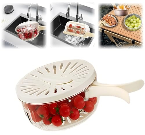 Multifunctional Fruit Washing Bowl with Strainer,2 in 1 Drain basket and Fruit Strainer Container with Lid,Fruit Washer Bowl for Kitchen,Fridge,Picnic & Camping(1QT)