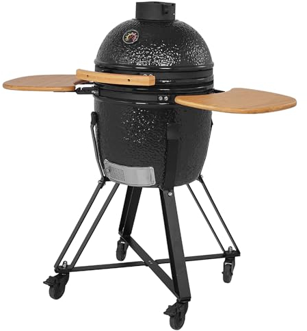 COOKFIRE – Barbacoa carbon Kamado Ø 45 cm – BBQ Grill Japonesa – Barbacoa con Termómetro y Asas de Bamboo - Barbacoa carbon portátil – Barbacoa cerámica Kamado – Mini Parrilla de Carbón (Negro)