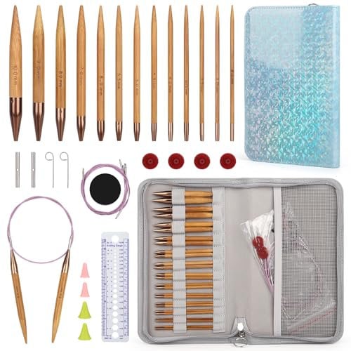 Aeelike Bambus Austauschbare Rundstricknadeln mit Etui und Zubehör, 13 Paar 3mm-10mm Stricknadeln Set Austauschbar, Rundstricknadel Set Austauschbar für Anfänger und Profis