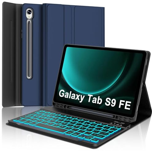 Funda Teclado Samsung Galaxy Tab S9 FE 10.9/S10 FE 10.9/S9 11, Teclado España Ñ Retroiluminación Bluetooth Inalambrico Desmontable para Samsung Galaxy Tab S10 FE/S9 FE 10.9/S9 11, Azul Marino